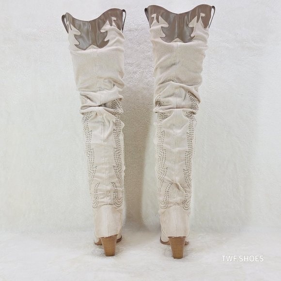 Iconic Western Thigh high Cowgirl Boots Cream - Picture 6 of 12